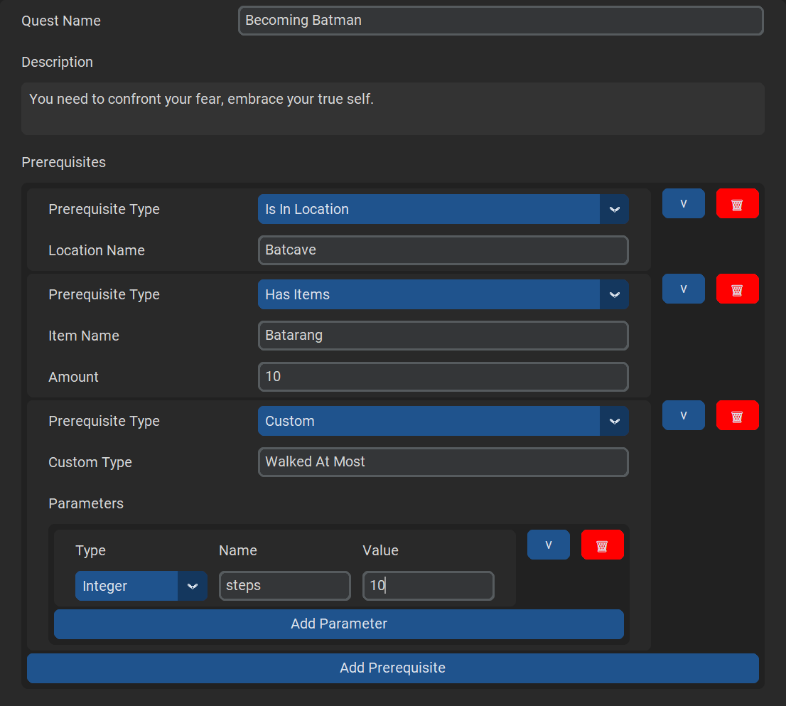 Quest creation window showing the prerequisites, among which a custom prerequisite with a custom "Walked At Most" type and a "steps" integer parameter set to 10.
