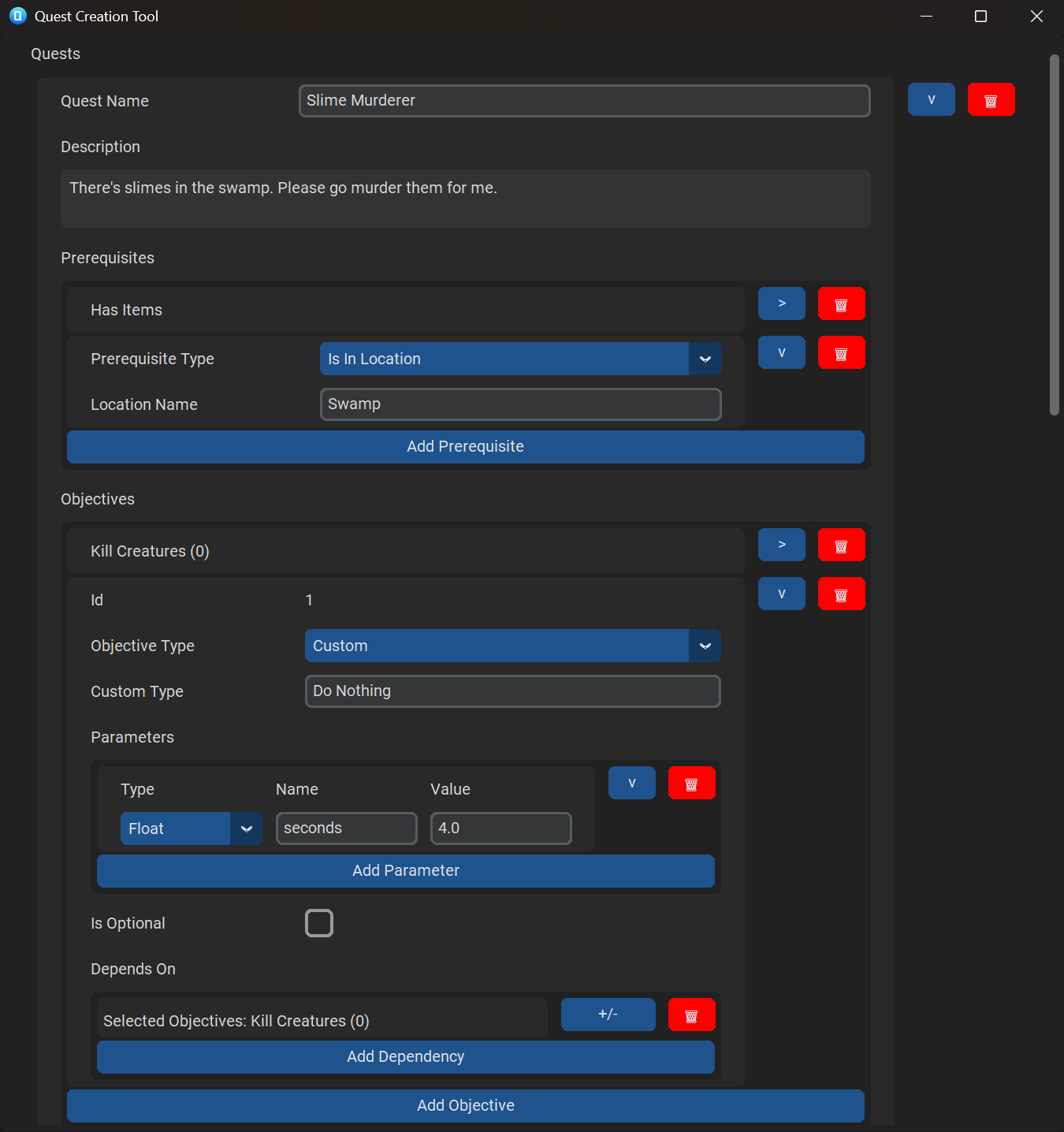 Quest creation window with visible quest with multiple prerequisites and objectives, some of which are collapsed; the second objective has custom parameters and is dependent on the first.