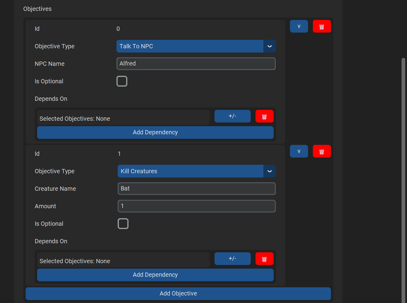 Quest creation window with two objecitves specified: talk to "Alfred", and kill 1 bat.