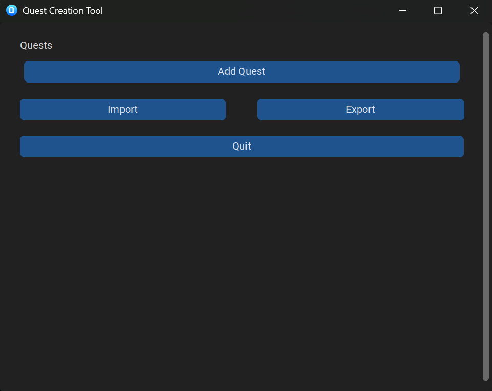 Quest creation window with buttons for "Add Quest", "Import", "Export", and "Quit".