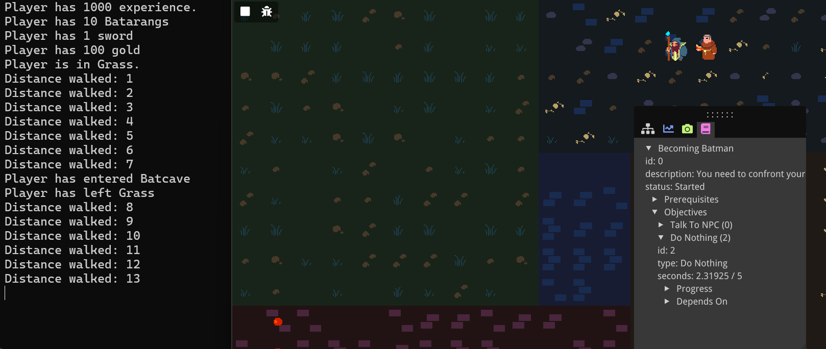 A screenshot of the game where the player in in the cave area and the quest is shown with the custom "Do Nothing" objective in progress.