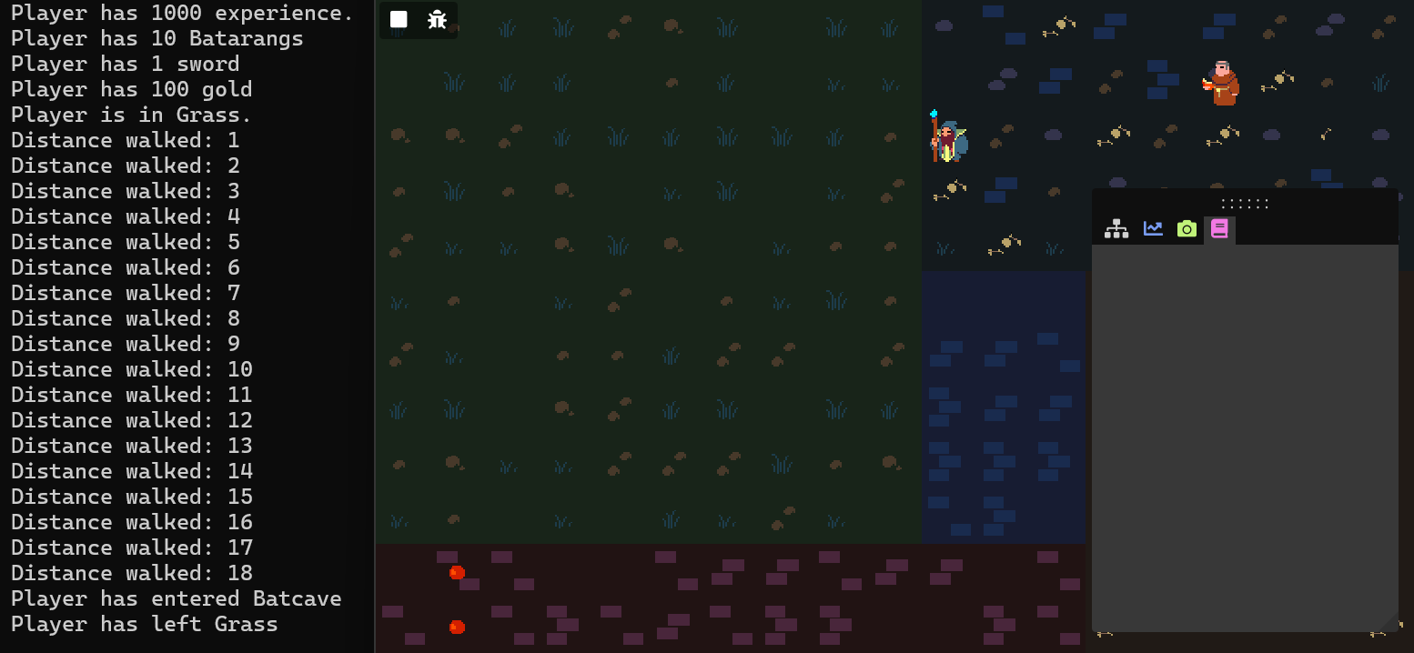 A screenshot of the game where the player in in the cave area and the quest has not shown up. The console shows the player has walked more than 8 steps.