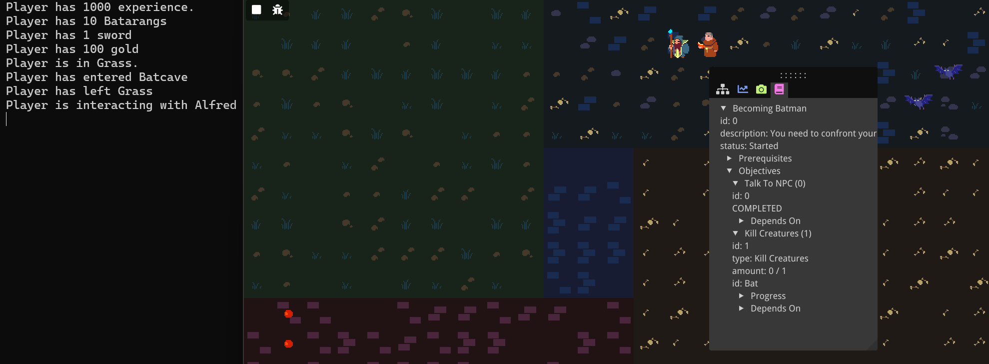 A screenshot of the game where the player in in the cave area having interacted with the NPC (indicated in the command line). The quest log shows that the first objective of the quest is completed.