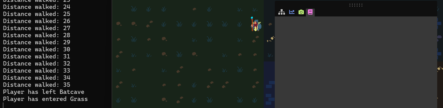 A screenshot of the game where the player in in the grass area and the quest window is empty again.