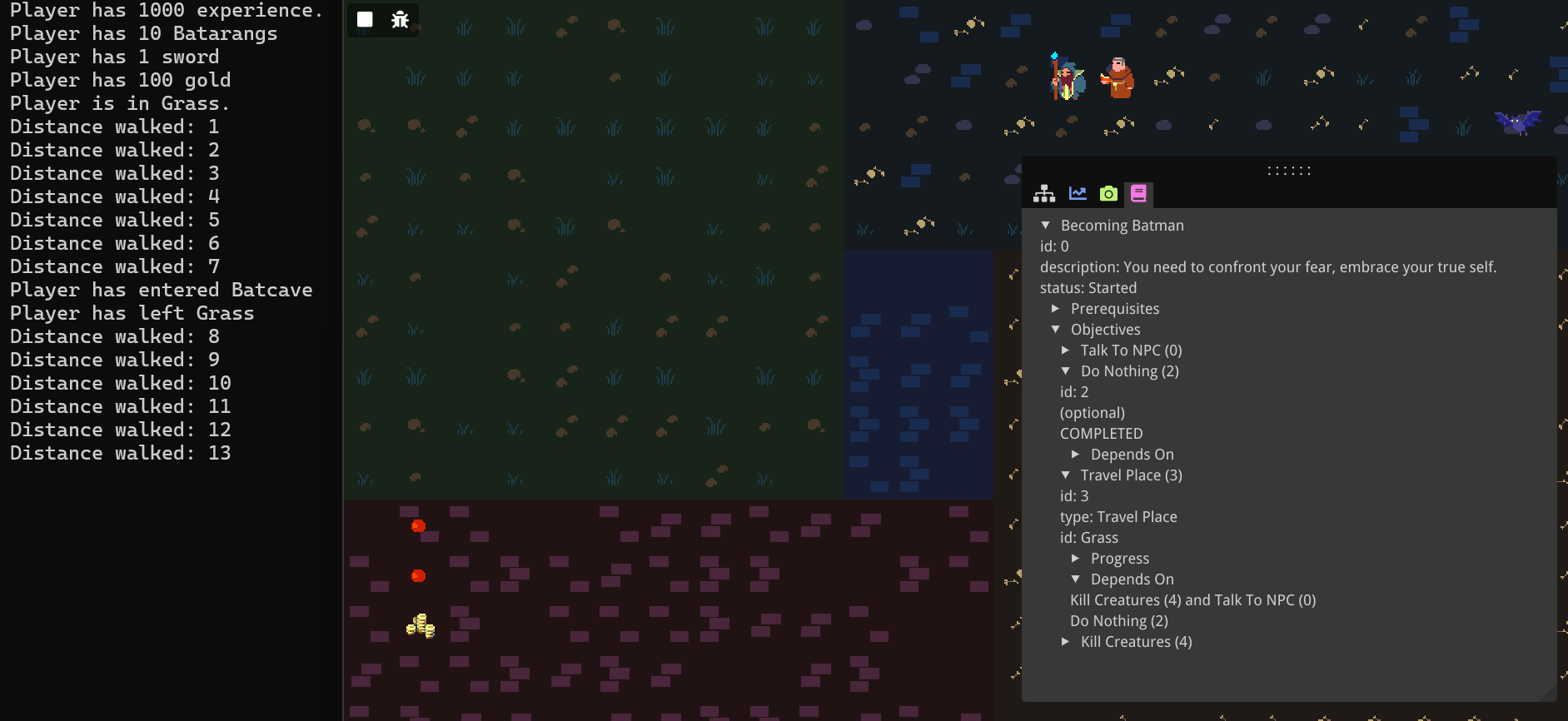 A screenshot of the game where the player in in the cave area and the quest is shown with all objective shown, and the "Do Nothing" objective completed so the "Travel Place" objective is active.