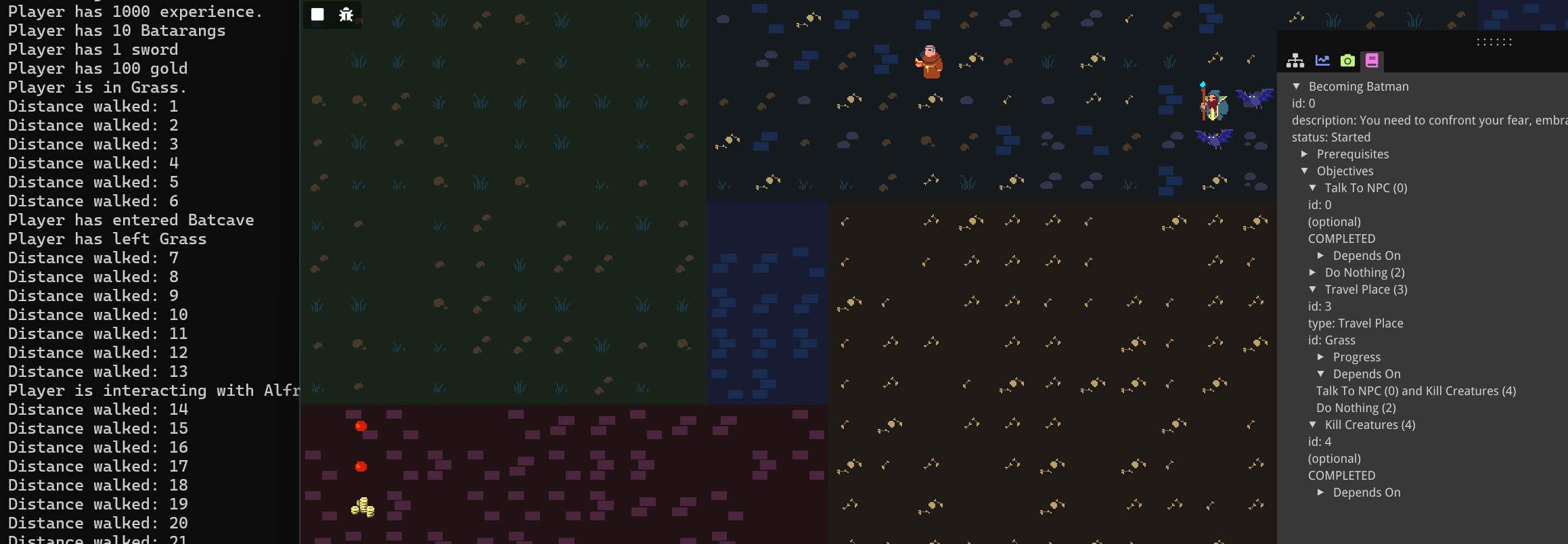 A screenshot of the game where the player in in the cave area and the quest is shown with all objective shown, and the "Talk To NPC" and "Kill Creature" objectives completed so the "Travel Place" objective is active.