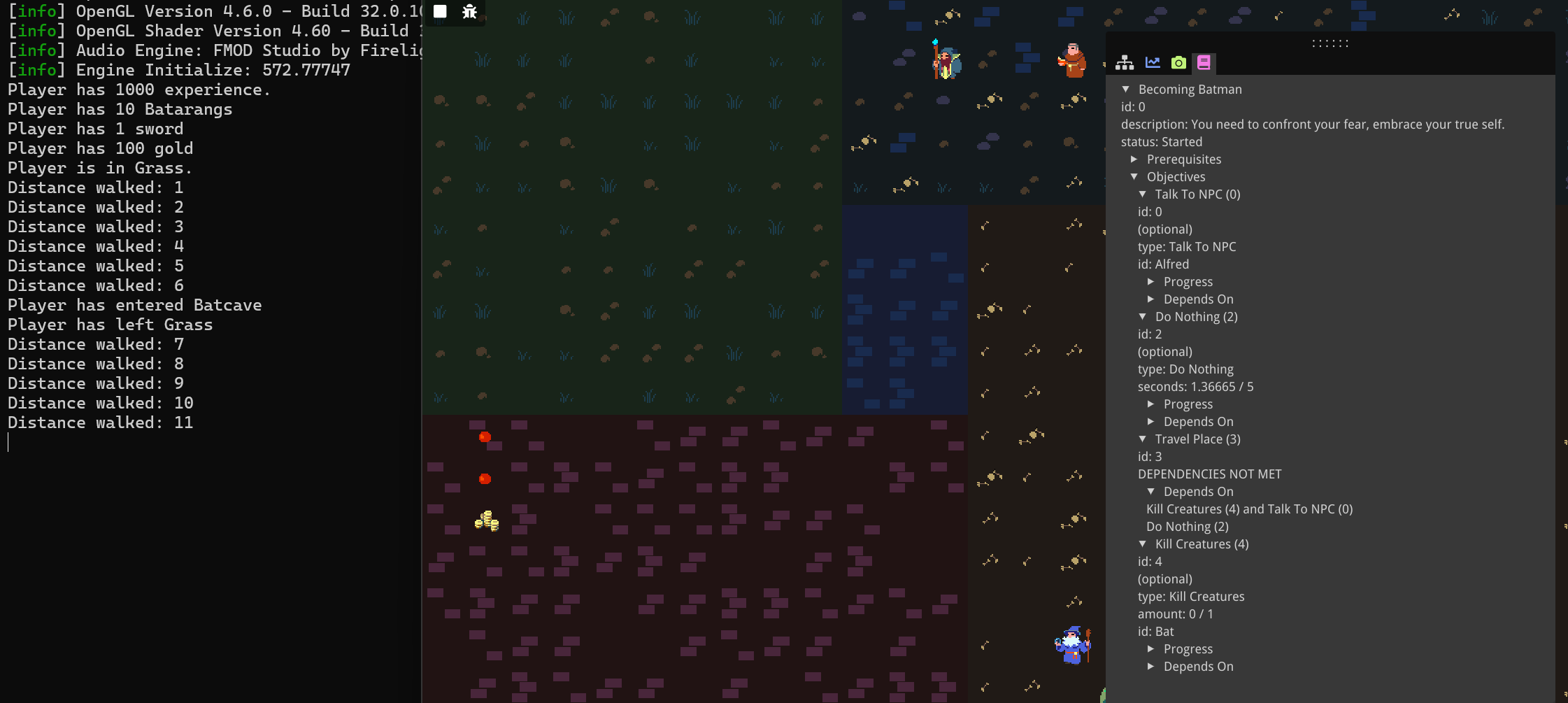 A screenshot of the game where the player in in the cave area and the quest is shown with all objective shown, but none completed, so the "Travel Place" objective shows "DEPENDENCIES NOT MET".