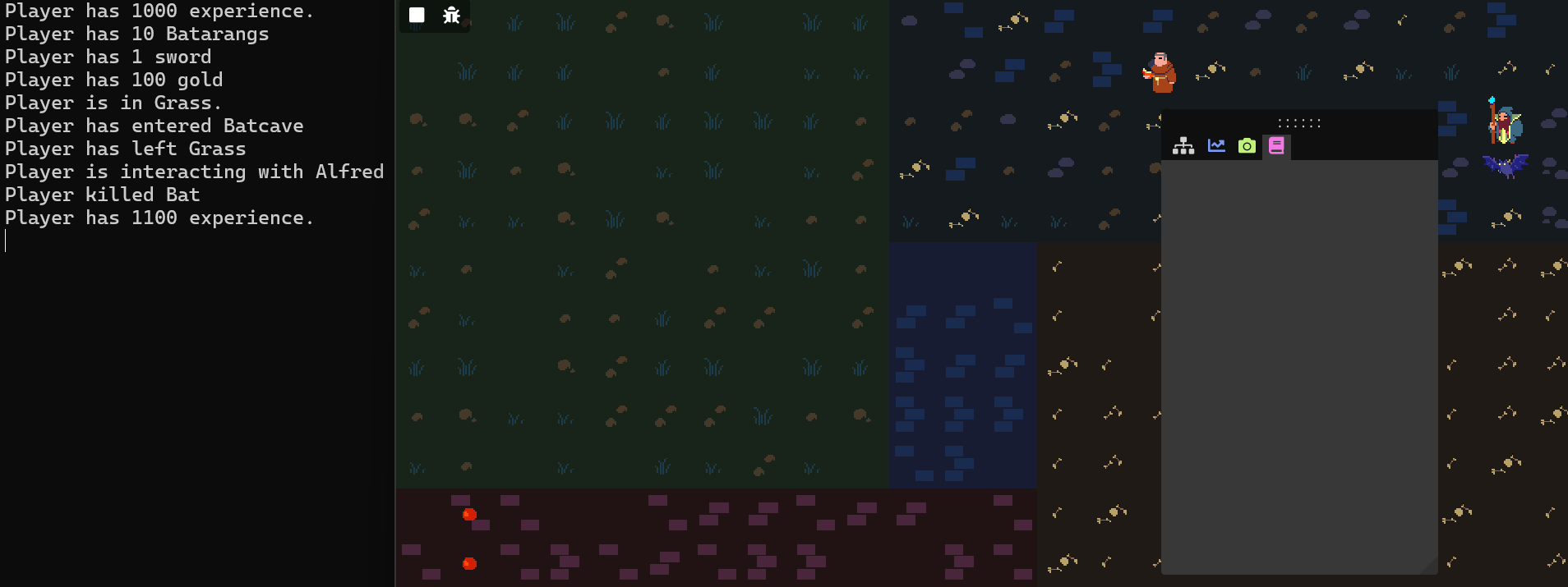 A screenshot of the game where the player in in the cave area having just killed a bat (indicated in the command line). The quest log is empty again.