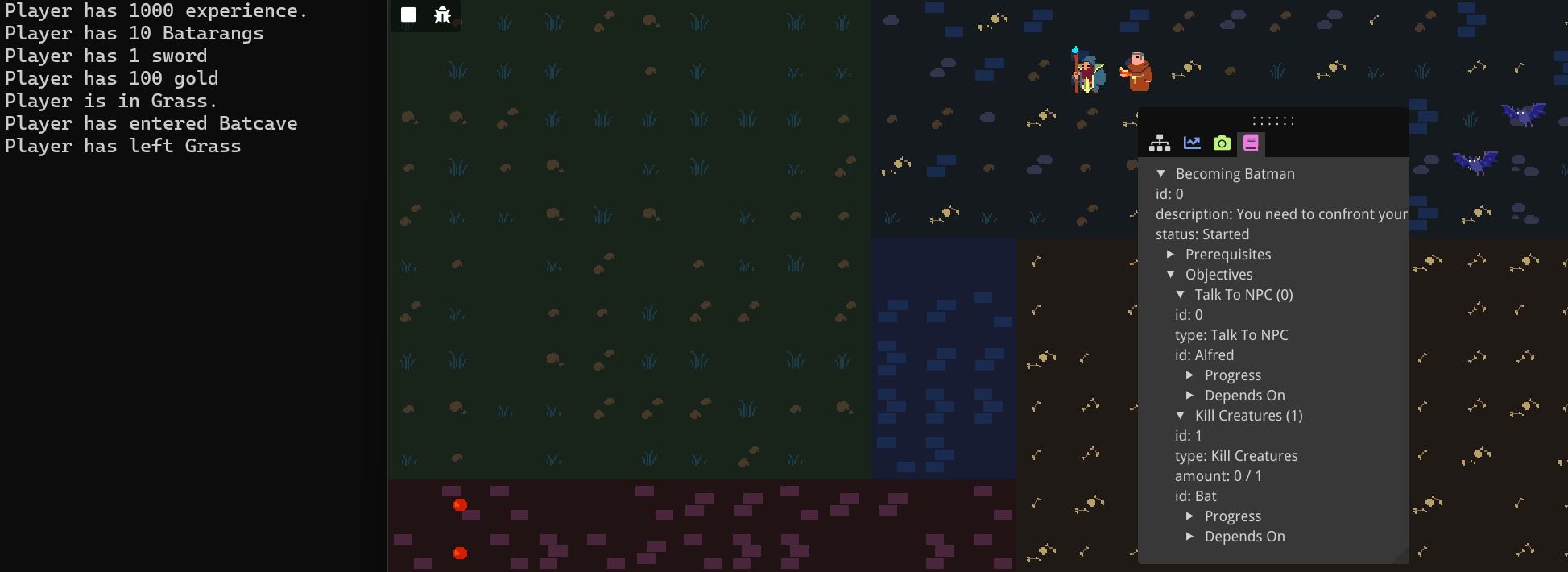 A screenshot of the game where the player is in the cave area standing next to an NPC. The quest log shows the quest with uncompleted objectives.